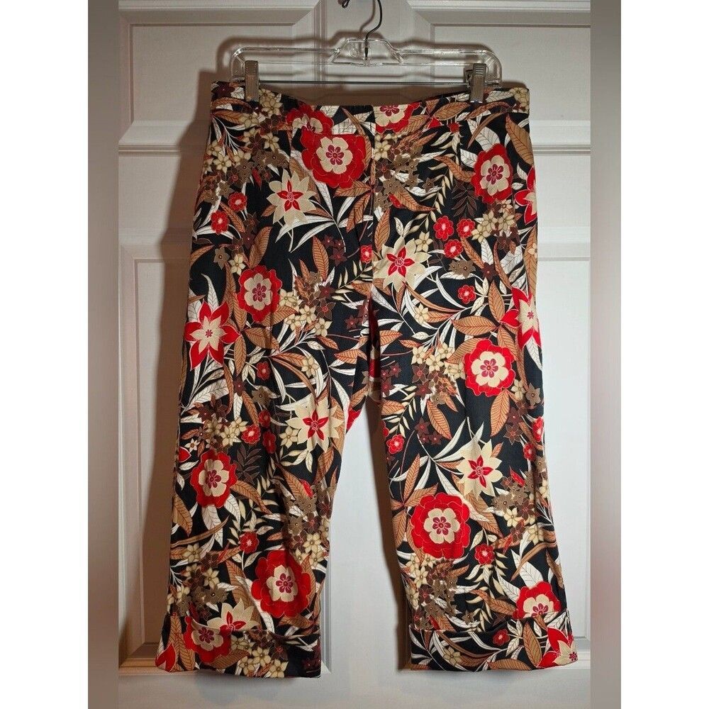 Avenue Floral Roll Hem Capri Pants Cotton Blend Black Brown Red Size 16